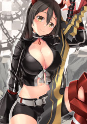 Rule 34 | 1girl, armored boots, belt, black collar, black gold saw, black gold saw (cosplay), black hair, black jacket, black rock shooter, black shorts, blush, boots, breasts, chain, checkered background, chikuma (kancolle), cleavage, collar, collarbone, commentary request, cosplay, cropped jacket, grey belt, groin, hair between eyes, head tilt, highres, holding, holding sword, holding weapon, horns, jacket, kantai collection, king saw, large breasts, long hair, long sleeves, looking at viewer, midriff, navel, red footwear, short shorts, shorts, sidelocks, sitting, smile, solo, sword, weapon, yasume yukito, yellow eyes