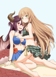 Rule 34 | 2girls, absurdres, anne (shingeki no bahamut), bare arms, bare legs, bare shoulders, bikini, bikini skirt, black hair, blue background, blue bikini, blush, bracelet, breasts, brown hair, cleavage, closed mouth, commentary, dragon girl, dragon horns, dragon tail, dragon wings, fang, feet out of frame, felutiahime, flower, frills, grea (shingeki no bahamut), green bikini, green eyes, hair between eyes, highres, horns, jewelry, kneeling, large breasts, long hair, looking at viewer, medium breasts, multiple girls, navel, open mouth, pointy ears, princess connect!, purple hair, red eyes, red flower, sarong, scales, shingeki no bahamut, simple background, sitting, sitting on lap, sitting on person, skirt, smile, swimsuit, tail, twitter username, wavy mouth, wings, yuri