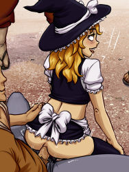 Rule 34 | 1girl, 3boys, ahegao, anal, anus, apron, ass, audience, black thighhighs, blonde hair, blush, bottomless, clothed sex, erection, exhibitionism, free use, from behind, girl on top, happy sex, hat, highres, kirisame marisa, long hair, looking back, male pubic hair, midriff, motion lines, multiple boys, outdoors, penis, petite, pubic hair, public indecency, ragathol, rolling eyes, sex, shameless, skirt, smile, solo focus, thighhighs, tongue, tongue out, touhou, uncensored, witch hat, yellow eyes