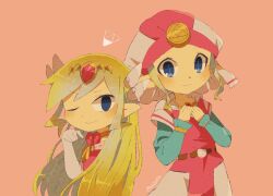 2girls artist_name belt blonde_hair blue_eyes blush child dress floating_hair gloves jewelry long_hair multicolored_hair multiple_girls necklace nintendo one_eye_closed parted_lips pink_dress princess_zelda the_legend_of_zelda the_legend_of_zelda:_ocarina_of_time the_legend_of_zelda:_spirit_tracks the_legend_of_zelda:_the_wind_waker tokuura toon_zelda triforce young_zelda