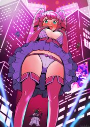 Rule 34 | 4girls, absurdres, blush, boots, bow, bow panties, breasts, building, bursting breasts, cameltoe, commentary, drill hair, floating, flying, frown, full-face blush, giant, giantess, green eyes, hair bow, hanabishi haruka, hands on own chest, highres, hiiragi utena, jumbotron, large breasts, looking at another, looking at viewer, magia azure, magia baiser, magia magenta, magia sulfur, magical girl, mahou shoujo ni akogarete, minakami sayo, miniskirt, multiple girls, nadesukos, navel, open mouth, outdoors, panties, pink bow, pink footwear, pink hair, pink panties, searchlight, shirt, skirt, skyscraper, standing, tearing up, tenkawa kaoruko, thigh boots, twin drills, underwear, upskirt, white shirt