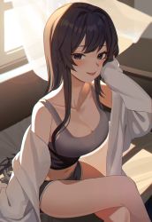 Rule 34 | 1girl, absurdres, bare legs, black eyes, black hair, blush, breasts, cleavage, crossed legs, curtains, dolphin shorts, head rest, highres, indoors, jiki (gkdlfnzo1245), large breasts, long hair, looking at viewer, navel, off shoulder, on bed, original, shirt, shorts, sidelocks, sitting, sleeves past wrists, solo, sunlight, tank top, thighs, tongue, tongue out, white shirt