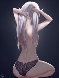 Rule 34 | 1girl, artist name, ass, bareback, breasts, butt crack, facing away, frieren, grey hair, highres, kneeling, lace trim, lnyn (user vxdh4425), long hair, medium breasts, panties only, pointy ears, revealing clothes, seiza, sideboob, sitting, small breasts, solo, sousou no frieren, thighs, topless, tying hair, underwear