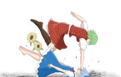Rule 34 | 2girls, barefoot, blue bow, blue dress, blue hair, boots, bow, brown footwear, chinese commentary, cirno, commentary request, dress, face punch, faceless, faceless female, flower, from side, grappler baki, green hair, hair bow, in the face, kazami yuuka, knee boots, multiple girls, neck ribbon, pinafore dress, plaid, plaid skirt, plaid vest, puffy short sleeves, puffy sleeves, punching, red ribbon, red skirt, red vest, ribbon, shirt, short hair, short sleeves, simple background, skirt, skirt set, sleeveless dress, sunflower, touhou, vest, violence, white background, white shirt, wuwusan