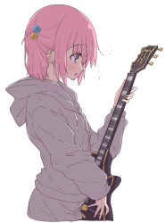 Rule 34 | 1girl, blue eyes, blush, bocchi the rock!, cube hair ornament, drawstring, electric guitar, gotoh hitori, grey hoodie, guitar, hair ornament, highres, holding, holding instrument, hood, hood down, hoodie, instrument, long sleeves, mel (melty pot), one side up, open mouth, pink hair, short hair, simple background, solo