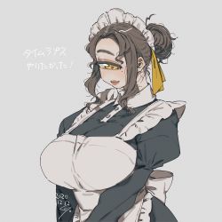 Rule 34 | 1girl, absurdres, apron, back bow, black dress, bow, breasts, brown hair, closed mouth, cyclops, dated, dress, grey background, hair bun, hair ribbon, highres, huge breasts, juliet sleeves, long sleeves, looking at viewer, maid apron, maid headdress, mole, mole under eye, muroku (aimichiyo0526), one-eyed, original, puffy sleeves, ribbon, signature, simple background, single hair bun, smile, solo, symbol-only commentary, upper body, white apron, white bow, yellow eyes