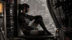 Rule 34 | 1girl, absurdres, bandaged leg, bandages, black footwear, black gloves, black hair, black shorts, black thighhighs, boots, breasts, building, curtains, earrings, elbow gloves, fingerless gloves, gloves, glowing, guweiz, hairband, highres, jewelry, knee up, long hair, looking away, midriff, original, ponytail, profile, puffy short sleeves, puffy sleeves, red hairband, sarashi, short shorts, short sleeves, shorts, sidelocks, sitting, sitting in window, small breasts, solo, thigh boots, thighhighs, transparent