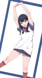 Rule 34 | 1girl, absurdres, black hair, blue eyes, bow, bowtie, cardigan, cardigan vest, grey shirt, grey skirt, gridman universe, gridman universe (film), highres, long hair, looking at viewer, miniskirt, outstretched arms, pleated skirt, red bow, red bowtie, red socks, shirt, short sleeves, skirt, smile, socks, solo, ssss.gridman, standing, stretching, takarada rikka, teeth, txbbxb, upper teeth only, white cardigan