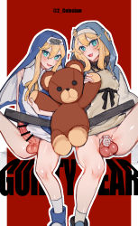 Rule 34 | 2boys, absurdres, bar censor, blonde hair, bridget (guilty gear), censored, chastity cage, copyright name, erection, fingerless gloves, flat chastity cage, gloves, green eyes, guilty gear, guilty gear strive, guilty gear xx, habit, hair between eyes, highres, hood, hoodie, long hair, looking at viewer, male focus, mirin chikuwa, multiple boys, open clothes, open hoodie, open mouth, outline, penis, red background, roger (guilty gear), sitting, smile, socks, spread legs, stuffed animal, stuffed toy, teddy bear, teeth, testicles, trap, twitter username, two-tone background, upper teeth only, white background, white outline