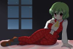 Rule 34 | 1girl, ascot, bad id, bad pixiv id, bedroom, black legwear, blush, breasts, female focus, frown, green hair, hand on own chest, impossible clothes, kazami yuuka, kyokutou hentai samurai, mary janes, medium breasts, night, plaid, plaid skirt, plaid vest, reclining, red eyes, sad, shoes, short hair, skirt, skirt set, sky, solo, star (sky), starry sky, touhou, vest, window