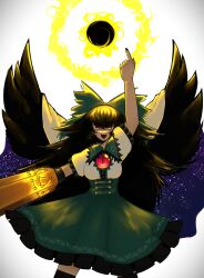 Rule 34 | 1girl, absurdres, arm cannon, bird wings, black hair, black sun, black wings, bow, cape, frilled skirt, frills, green bow, green skirt, hair bow, highres, index finger raised, long hair, looking at viewer, red eyes, reiuji utsuho, short sleeves, skirt, solo, sun, third eye, touhou, vanima viii, weapon, white background, white cape, wings
