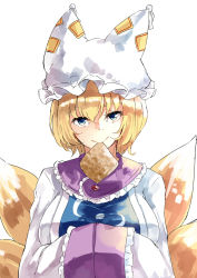 Rule 34 | 1girl, :&gt;, animal ears, animal hat, blonde hair, blue eyes, breasts, deetamu, dress, fox ears, fox tail, hat, highres, large breasts, looking at viewer, mob cap, mouth hold, multiple tails, mob cap, short hair, simple background, solo, tabard, tail, touhou, upper body, white background, white dress, yakumo ran