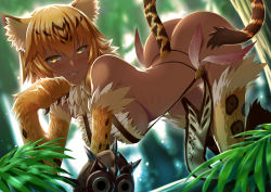 Rule 34 | 1girl, absurdres, all fours, animal ears, animal hands, ass, bare shoulders, blurry, blurry background, breasts, butt crack, butter-t, claws, cleavage, dark-skinned female, dark skin, feathers, forest, fur collar, hair between eyes, highres, loincloth, mask, medium breasts, monster girl, monster girl encyclopedia, monster girl encyclopedia ii, nature, ocelomeh (monster girl encyclopedia), pelvic curtain, revealing clothes, ribs, shield, short hair, sideboob, slingshot swimsuit, slit pupils, smirk, solo, source request, stretch marks, swimsuit, tail, tree, yellow eyes