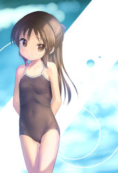 Rule 34 | 1girl, arms behind back, backlighting, black one-piece swimsuit, blue background, blue bow, bow, breasts, brown eyes, closed mouth, colored eyelashes, competition school swimsuit, covered navel, cowboy shot, hair bow, half updo, head tilt, idolmaster, idolmaster cinderella girls, kawaseki, legs together, looking at viewer, one-piece swimsuit, ponytail, school swimsuit, small breasts, solo, standing, swimsuit, tachibana arisu, tareme, thigh gap