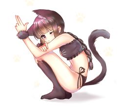 Rule 34 | 10s, 1girl, animal ears, bad id, bad pixiv id, black eyes, black hair, blush, braid, cat, cat ears, cat lingerie, cat tail, extra ears, finger gun, from side, kantai collection, kemonomimi mode, kitakami (kancolle), long hair, looking at viewer, meaomao, meme attire, navel, no shoes, o3o, one eye closed, panties, side-tie panties, simple background, single braid, solo, squatting, tail, underwear, underwear only, wrist cuffs