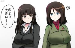 Rule 34 | 2girls, ?, amogan, black eyes, black hair, black jacket, blue eyes, blunt bangs, breast envy, breast hold, breasts, closed mouth, commentary, crossed arms, dated, dress shirt, frown, girls und panzer, green jacket, half-closed eyes, jacket, large breasts, long hair, long sleeves, looking at another, motion lines, multiple girls, nishizumi shiho, nonna (girls und panzer), pravda school uniform, red shirt, school uniform, shirt, simple background, spoken question mark, straight hair, sweatdrop, swept bangs, translated, turtleneck, white background, white shirt, wing collar