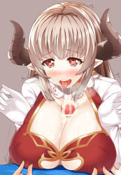 Rule 34 | 10s, 1boy, 1girl, alicia (granblue fantasy), blush, breasts, brown hair, censored, cleavage, cleavage cutout, clothing cutout, covered erect nipples, cow girl, cow horns, cross, cum, cum in mouth, cum on body, cum on breasts, cum on upper body, dress, earrings, gloves, gran (granblue fantasy), granblue fantasy, happy, heart, heart-shaped pupils, hetero, horns, huge breasts, jewelry, large breasts, long hair, mature female, nipple stimulation, nipple tweak, oga raito, open mouth, paizuri, paizuri under clothes, penis, pointy ears, red eyes, silver hair, simple background, solo focus, symbol-shaped pupils, tongue, tongue out, white gloves