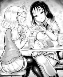 Rule 34 | 2girls, blush stickers, breasts, burger, closed eyes, collared shirt, commentary request, crossed legs, cup, disposable cup, drinking straw, facing another, fang, fast food, feeding, fingernails, food, french fries, greyscale, hair ornament, halftone, hand on own cheek, hand on own face, hand up, hands up, heart, heart hair ornament, highres, holding, holding food, kneehighs, long hair, looking at another, loose necktie, mcdonald&#039;s, medium breasts, mima sachi, minami koharu, monochrome, multiple girls, necktie, open mouth, parted lips, pleated skirt, school uniform, shirt, short hair, short sleeves, sitting, sketch, skirt, small breasts, smile, socks, sparkle, spoilers, stool, straight hair, sweater vest, table, thick thighs, thighhighs, thighs, tomato cyuki, watashi ga motenai no wa dou kangaetemo omaera ga warui!, wavy hair