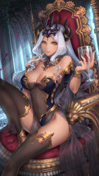 Rule 34 | 1girl, alcohol, asymmetrical breasts, black thighhighs, bracelet, breasts, cleavage, closed mouth, commentary request, cup, cupping glass, demon horns, detached sleeves, drinking glass, fantasy, finger to mouth, forehead jewel, gem, gold, hair between eyes, headpiece, highres, holding, holding cup, horns, indoors, jewelry, large breasts, leotard, long hair, looking at viewer, nail polish, necklace, night, original, overgrown, petals, pink lips, purple nails, revealing clothes, revision, see-through, silver hair, sitting, smile, solo, strapless, strapless leotard, thighhighs, thighs, throne, very long hair, wine, wine glass, yellow eyes, youbou