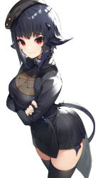 Rule 34 | 1girl, akizone, alternate costume, arms under breasts, ascot, beret, black ascot, black hair, black hat, black thighhighs, breasts, closed mouth, crossed arms, dress, final fantasy, final fantasy xiv, hat, highres, horns, large breasts, long sleeves, looking at viewer, making-of available, original, red eyes, renz (rirene rn), scales, short dress, short hair, simple background, skirt, smile, solo, standing, tail, thighhighs, warrior of light (ff14), white background, zettai ryouiki