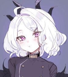 Rule 34 | 1girl, alternate hair length, alternate hairstyle, black horns, blue archive, blush, closed mouth, demon horns, grey background, hina (blue archive), horns, looking at viewer, oomabiblogo2, portrait, purple eyes, short hair, simple background, solo, white hair