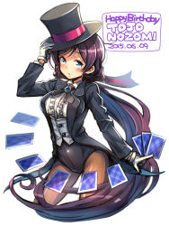 Rule 34 | 10s, 1girl, 2015, blazer, blush, breasts, brooch, card, character name, cowboy shot, dated, fishnet pantyhose, fishnets, gloves, hand on headwear, happy birthday, hat, jacket, jewelry, kuinji 51go, long hair, love live!, love live! school idol festival, love live! school idol project, low ponytail, magician, pantyhose, ponytail, purple hair, simple background, solo, top hat, tojo nozomi, very long hair, white background, white gloves