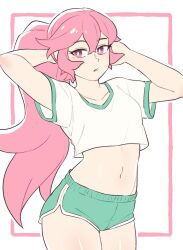 Rule 34 | 1girl, breasts, collarbone, commentary, cowboy shot, crop top, cropped shirt, dolphin shorts, green shorts, hands in hair, highres, midriff, navel, original, pink eyes, pink hair, ponytail, rida (vibrantrida), short shorts, shorts, small breasts, solo, vibrantrida