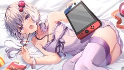 Rule 34 | 1girl, :o, bare shoulders, bed sheet, bracelet, collarbone, criss-cross halter, dress, food, hair ornament, hair tubes, halterneck, holding, holding food, jewelry, looking at viewer, lying, nintendo switch, omuretsu, on bed, on side, open mouth, pocky, purple dress, purple eyes, purple hair, purple thighhighs, short dress, short hair with long locks, sidelocks, sleeveless, sleeveless dress, solo, thighhighs, voiceroid, yuzuki yukari