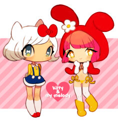 Rule 34 | animal ears, animal hood, blue eyes, blue overalls, blush, boots, bow, cape, cat ears, character name, chibi, flower, flower-shaped pupils, hello kitty, hello kitty (character), hood, humanization, makino (c-electro), my melody, onegai my melody, orange eyes, overalls, panties, pink hair, rabbit hood, red footwear, rubber boots, sanrio, socks, symbol-shaped pupils, thighhighs, underwear, white flower, white hair, yellow footwear, yellow panties