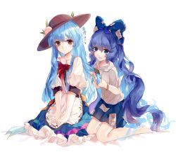 Rule 34 | 2girls, artist name, aura, barefoot, blue bow, blue eyes, blue hair, blue skirt, bow, bracelet, brushing hair, comb, dated, debt, dress, food, frilled skirt, frills, fruit, grey hoodie, hair between eyes, hair bow, hands in hair, hands on lap, hat, hinanawi tenshi, hood, hoodie, jewelry, kneeling, layered dress, leaf, light smile, ling mou, long hair, looking at viewer, multiple girls, open mouth, peach, puffy short sleeves, puffy sleeves, red bow, red eyes, short sleeves, simple background, single tear, sitting, skirt, sparkle, touhou, very long hair, white background, yorigami shion