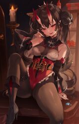 Rule 34 | 1girl, absurdres, black footwear, boots, breasts, brown hair, brown pantyhose, candle, earrings, fang, highres, horns, indoors, jewelry, long hair, looking at viewer, medium breasts, oni, open mouth, original, pantyhose, red eyes, red horns, sitting, smile, solo, thigh strap, twintails, zerocat