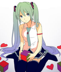 Rule 34 | 1girl, akiyoshi (tama-pete), bare arms, bare shoulders, blue eyes, blue hair, blue nails, blue necktie, breasts, cube, expressionless, fingernails, full body, gradient background, grey background, hatsune miku, head tilt, heart, holding, long hair, looking away, nail polish, necktie, shaded face, shirt, simple background, sitting, skirt, sleeveless, sleeveless shirt, small breasts, solo, solo focus, thighhighs, thighs, twintails, vocaloid, white background, white shirt