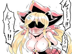Rule 34 | 1girl, blindfold, blonde hair, breasts, character request, cleavage, draph, gag, granblue fantasy, hallessena, improvised gag, long hair, pointy ears, simple background, solo, tape, tape gag, tukiwani, white background