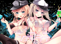 Rule 34 | 2girls, anchor, anchor hair ornament, aqua eyes, bikini, black bikini, black legwear, blonde hair, blush, breasts, cleavage, commentary request, drink, food, front-tie bikini top, front-tie top, graf zeppelin (kancolle), grey eyes, hair between eyes, hair ornament, hand up, hat, ichiyou moka, kantai collection, large breasts, long hair, looking at viewer, low twintails, multiple girls, navel, open mouth, peaked cap, popsicle, prinz eugen (kancolle), side-tie bikini bottom, smile, swimsuit, twintails, white bikini