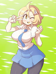 Rule 34 | 1girl, absurdres, antenna hair, black legwear, blonde hair, breasts, colored skin, curvy, dan-chan, hair ornament, highres, large breasts, looking at viewer, lucyfer, one eye closed, open mouth, original, shiny skin, short hair, simple background, skirt, smile, solo, v, white skin, wink, yellow eyes