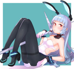 Rule 34 | 10s, 1girl, alternate costume, animal ears, bad id, bad pixiv id, bare shoulders, black pantyhose, blunt bangs, blush, breasts, cleavage, covered erect nipples, detached collar, fake animal ears, gloves, hair ribbon, headgear, high heels, kantai collection, knees up, kyuuso inukami, leotard, long hair, looking at viewer, murakumo (kancolle), no panties, pantyhose, playboy bunny, rabbit ears, rabbit tail, ribbon, small breasts, solo, tail, thighband pantyhose, white gloves, wrist cuffs