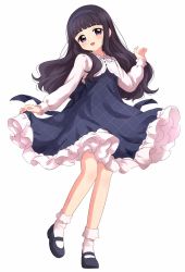 Rule 34 | 1girl, :d, black hair, blue dress, blue footwear, blunt bangs, blush, cardcaptor sakura, collared shirt, commentary, crop top, cropped shirt, daidouji tomoyo, dress, frilled skirt, frills, full body, hairband, hand up, highres, long hair, long sleeves, looking at viewer, mary janes, open mouth, purple eyes, sekina, shirt, shoes, simple background, skirt, skirt hold, smile, socks, solo, standing, standing on one leg, white background, white shirt, white socks