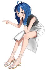 1girl blue_eyes blue_hair feet hand_on_own_cheek hand_on_own_face highres kaoru_puripuri long_hair looking_at_viewer make_heroine_ga_oo_sugiru! nail_polish sandals sleeveless smile toenail_polish toenails toes v yanami_anna