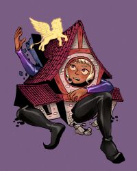 Rule 34 | 1boy, black footwear, black pants, building, commentary, dark skin, dungeon meshi, elf, english commentary, hand up, highres, house, lion, long sleeves, looking at another, open mouth, pants, pointy ears, purple background, purple eyes, simple background, stone building, thistle (dungeon meshi), tuherrus, white hair, winged lion (dungeon meshi), wings