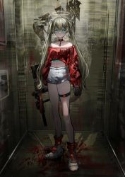 Rule 34 | 1girl, absurdres, assault rifle, bare shoulders, black gloves, blonde hair, blood, blood splatter, choker, commentary, cropped shirt, english commentary, expressionless, full body, gawako, gloves, green eyes, gun, halo, highres, holding, holding gun, holding weapon, long hair, long sleeves, looking at viewer, midriff, off-shoulder shirt, off shoulder, original, red shirt, red socks, rifle, shirt, shoes, short shorts, shorts, socks, solo, standing, thigh strap, twintails, weapon, white footwear, white shorts