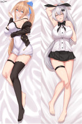 Rule 34 | 2girls, absurdres, bare shoulders, barefoot, beckoning, blue eyes, blush, bow, breasts, commission, dakimakura (medium), fal (girls&#039; frontline), five-seven (girls&#039; frontline), girls&#039; frontline, high ponytail, highres, huge breasts, large breasts, light brown hair, long hair, lying, makudesu, multiple girls, neck ribbon, on back, pleated skirt, ribbon, shirt, sidelocks, silver hair, single thighhigh, skindentation, skirt, sleeveless, sleeveless shirt, smile, thigh strap, thighhighs, toes, very long hair, yellow eyes