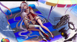 Rule 34 | 2girls, ahoge, ass, azur lane, ball, bare arms, bare shoulders, beach, beach towel, beach umbrella, beachball, bikini, black bikini, black gloves, black legwear, black neckwear, black ribbon, bomb, breasts, bridal garter, choker, cleavage, closed eyes, closed mouth, colored stripes, cross, dark-skinned female, dark skin, explosive, fat man (nuclear bomb), finger to mouth, fingerless gloves, frilled choker, frills, from above, full body, gloves, grey footwear, hand on another&#039;s head, hand on another&#039;s thigh, hazard symbol, headgear, heart, heart ahoge, highres, index finger raised, indianapolis (azur lane), indianapolis (warship girls r), iron cross, jacket, long hair, looking at viewer, looking up, lying, machinery, medium breasts, multiple girls, navel, nuclear weapon, ocean, on side, open clothes, open jacket, pink hair, prinz eugen (azur lane), prinz eugen (warship girls r), profile, radiation symbol, red eyes, red jacket, ribbon, sand, sandals, shoes, short hair with long locks, shushing, side-tie bikini bottom, single thighhigh, sleeping, small breasts, smile, stomach, striped, swimsuit, thighhighs, towel, twintails, two side up, umbrella, very long hair, wangchuan de quanyan, warship girls r, water, weapon of mass destruction, white legwear