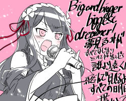 Rule 34 | 1girl, bare shoulders, black hair, cable, commentary, detached sleeves, digimon, digimon tamers, dress, hairband, highres, holding, holding microphone, long hair, long sleeves, looking ahead, lyrics, microphone, music, nukari k, open mouth, pink background, pink eyes, pinky out, sidelocks, singing, sleeveless, sleeveless dress, solo, sweat, tenka hyakken, translated, upper body, v-shaped eyebrows