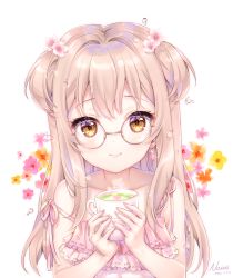 Rule 34 | 1girl, bad id, bad pixiv id, bare arms, bare shoulders, blush, brown-framed eyewear, brown eyes, brown hair, closed mouth, commentary, cup, dated, dress, english commentary, floral background, flower, glasses, hair flower, hair ornament, hands up, highres, holding, holding cup, long hair, looking at viewer, mug, nami (nyaa), original, pink dress, pink flower, round eyewear, signature, simple background, sleeveless, sleeveless dress, smile, solo, steam, strap slip, two side up, upper body, white background