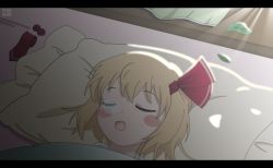 Rule 34 | 1girl, anime coloring, blonde hair, fang, leaf, letterboxed, light rays, lying, nose bubble, open mouth, pillow, rumia, short hair, sleeping, sunbeam, sunlight, touhou, woofey