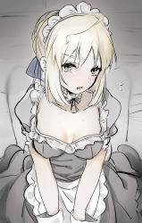 Rule 34 | 1girl, alternate costume, apron, artoria pendragon (all), artoria pendragon (fate), black ribbon, black shirt, black skirt, blonde hair, blue ribbon, blush, braid, braided bun, breasts, choker, cleavage, collarbone, enmaided, fate/stay night, fate (series), frilled apron, frills, green eyes, hair between eyes, hair bun, hair ribbon, highres, maid, maid headdress, neck ribbon, open mouth, ribbon, saber (fate), shirt, short hair, short sleeves, sketch, skirt, small breasts, solo, suzuakks, waist apron, white apron