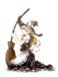 Rule 34 | 1girl, black dress, black hat, blonde hair, blush, bow, broom, buttons, dress, frilled hat, frills, full body, hair between eyes, hat, hat bow, head tilt, highres, hime (sumomon3571), holding, holding broom, kirisame marisa, puffy short sleeves, puffy sleeves, shirt, short sleeves, simple background, sitting, solo, touhou, white background, white bow, white shirt, witch hat, yellow eyes