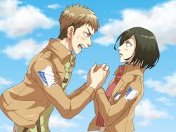 Rule 34 | 1boy, 1girl, black hair, blush, brown hair, cloud, cloudy sky, commentary request, day, holding hands, jean kirstein, long sleeves, looking at another, mikasa ackerman, military uniform, multicolored hair, nervous sweating, ngnjaot, open mouth, outdoors, red scarf, scarf, shingeki no kyojin, short hair, sky, sweat, two-tone hair, uniform