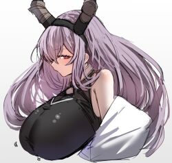 Rule 34 | 1girl, arknights, black shirt, breasts, closed mouth, commentary, cropped torso, expressionless, eyelashes, fake horns, from side, gradient background, grey background, highres, horn/wood, horn hairband, horns, huge breasts, jacket, long hair, looking at viewer, off shoulder, open clothes, open jacket, pointy breasts, profile, purple hair, red eyes, shirt, simple background, solo, taut clothes, typhon (arknights), upper body, white jacket