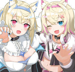 Rule 34 | 2girls, absurdres, animal ear fluff, animal ears, bandaid, bandaid hair ornament, belt collar, black collar, black jacket, blonde hair, blue eyes, blue hair, blue nails, breasts, claw pose, collar, cropped jacket, cropped shirt, dog ears, dog girl, dress, fangs, fur-trimmed jacket, fur trim, fuwawa abyssgard, fuwawa abyssgard (1st costume), hair ornament, hairpin, headphones, headphones around neck, highres, hololive, hololive english, jacket, kurikuriman, large breasts, long hair, looking at viewer, medium hair, mococo abyssgard, mococo abyssgard (1st costume), multicolored hair, multiple girls, nail polish, one eye closed, pink eyes, pink hair, pink nails, shirt, siblings, sisters, skin fangs, small breasts, smile, spiked collar, spikes, streaked hair, twins, two side up, virtual youtuber, white dress, white shirt, x hair ornament